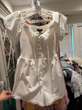 privy White Smocked Lace-Up romper